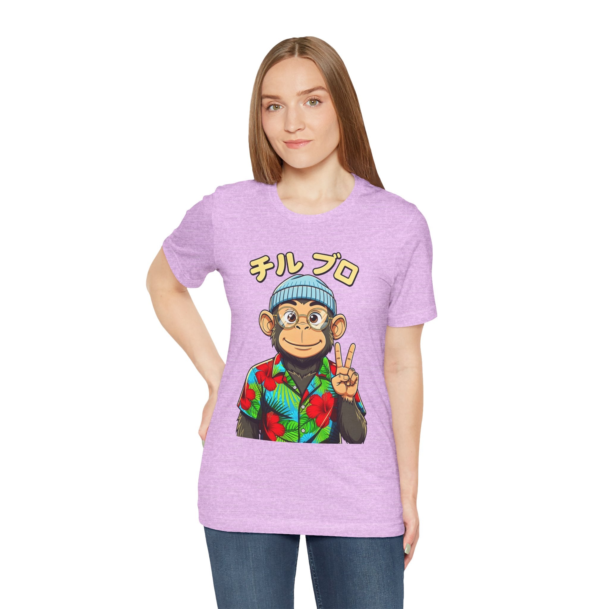 Monkey Peace Sign Tee — Hawaiian Shirt Chimp Graphic with Japanese Text