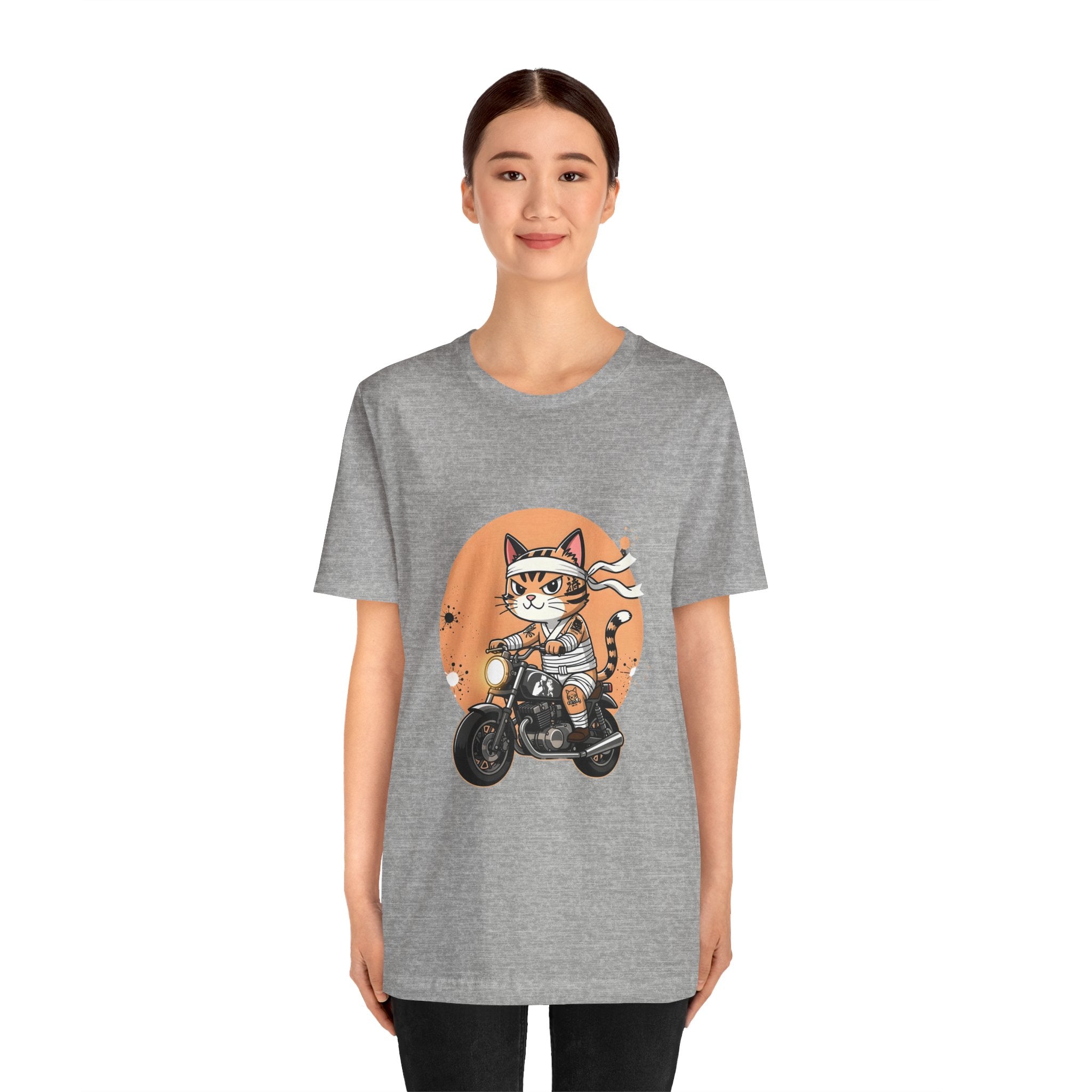 Retro Biker Cat T‑Shirt — Cute Motorcycle Cat Graphic Tee