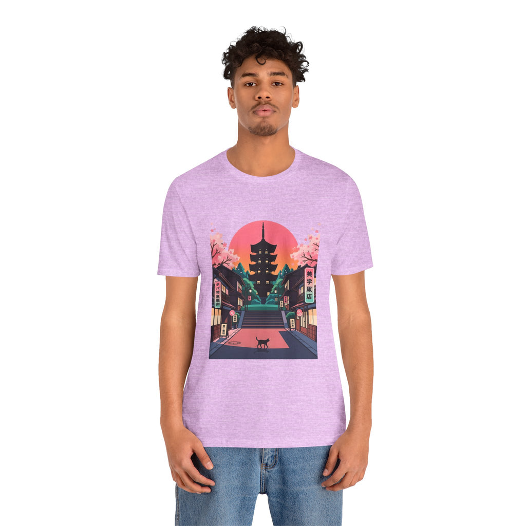 Japanese Pagoda Sunset Tee — Sakura Street Cat Graphic T-Shirt