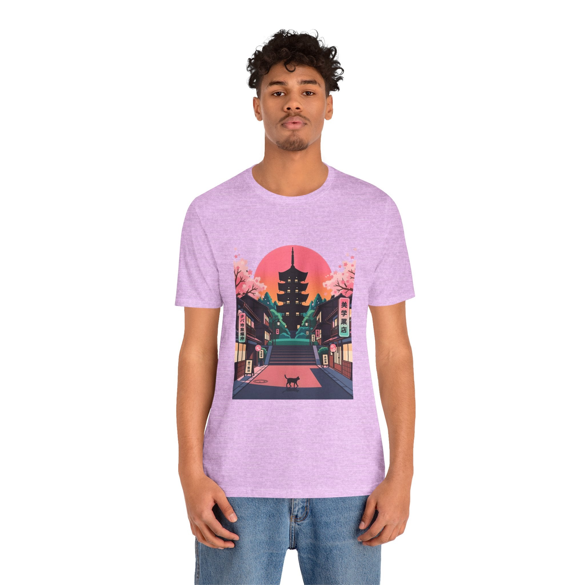 Japanese Pagoda Sunset Tee — Sakura Street Cat Graphic T-Shirt