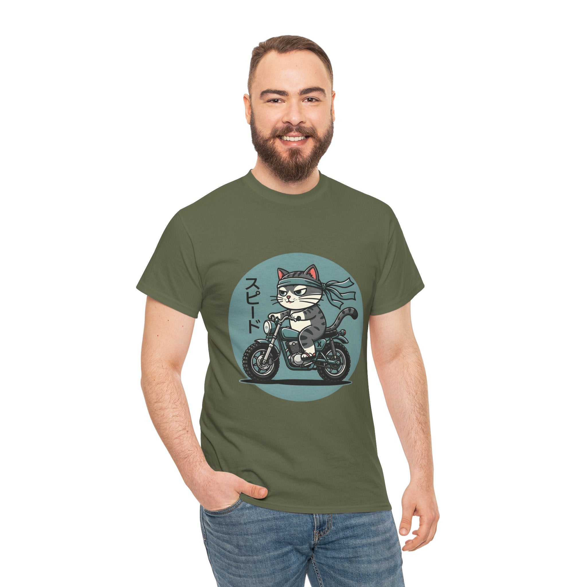 Cat Biker T‑Shirt — Retro Motorcycle Cat with Japanese “Speed” Text