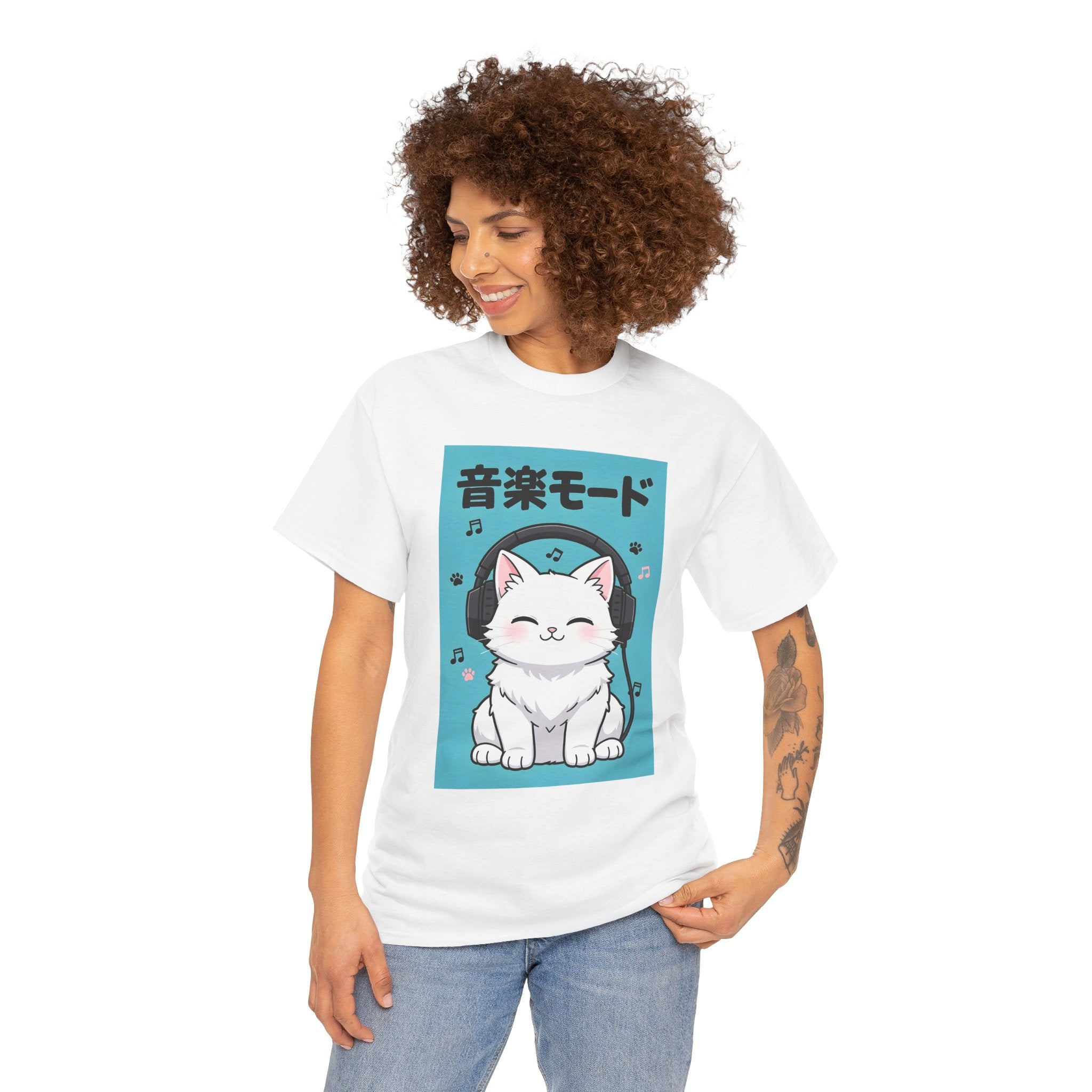 Music Mode Cat T-Shirt — Cute Headphone Kitten Tee (Japanese Text)