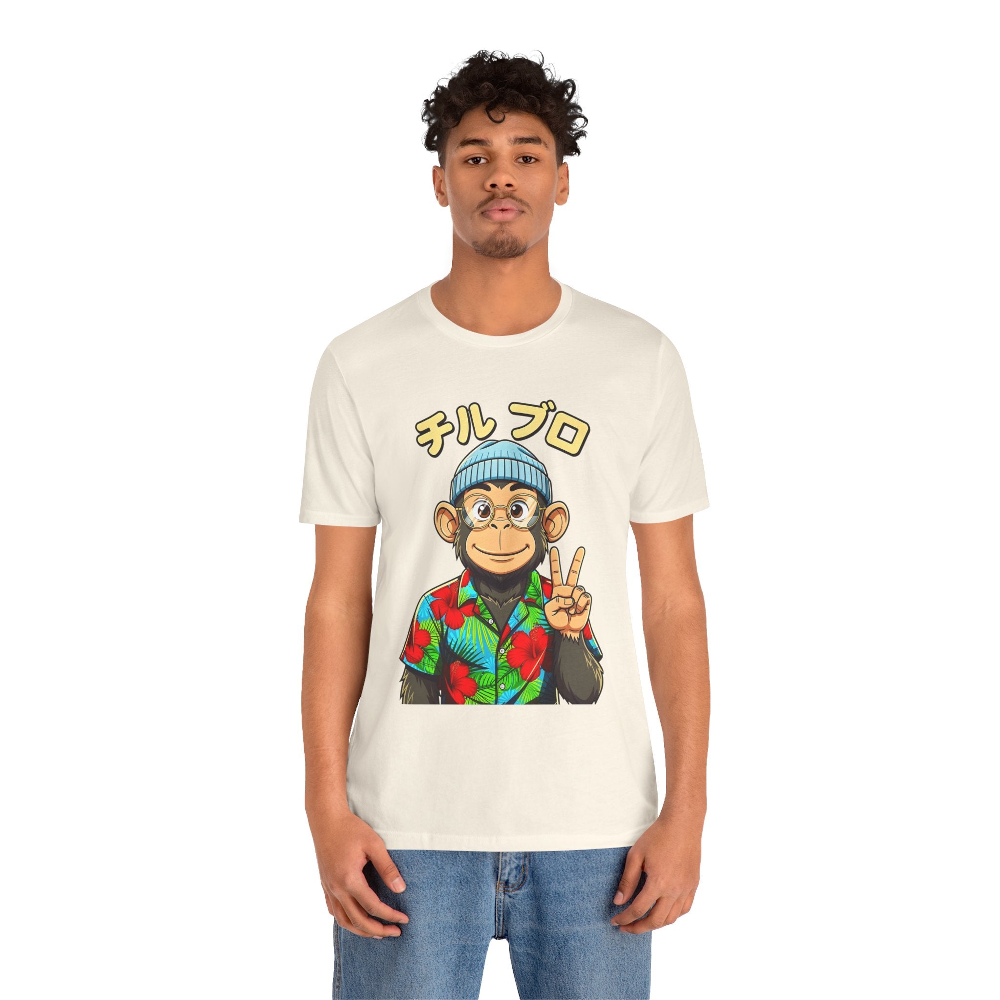 Monkey Peace Sign Tee — Hawaiian Shirt Chimp Graphic with Japanese Text
