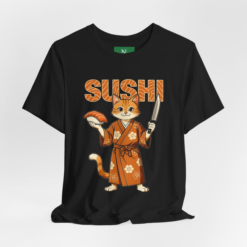 Sushi Cat Graphic Tee — Cute Samurai Cat Holding Sushi & Knife