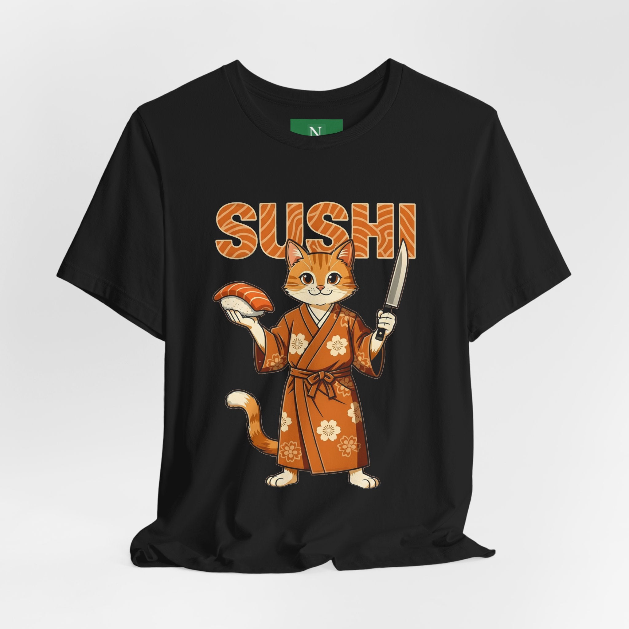 Sushi Cat Graphic Tee — Cute Samurai Cat Holding Sushi & Knife