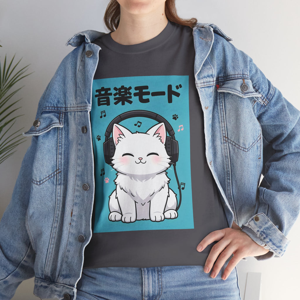 Music Mode Cat T-Shirt — Cute Headphone Kitten Tee (Japanese Text)