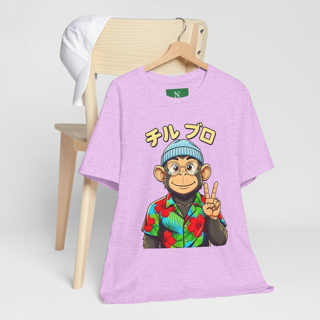 Monkey Peace Sign Tee — Hawaiian Shirt Chimp Graphic with Japanese Text