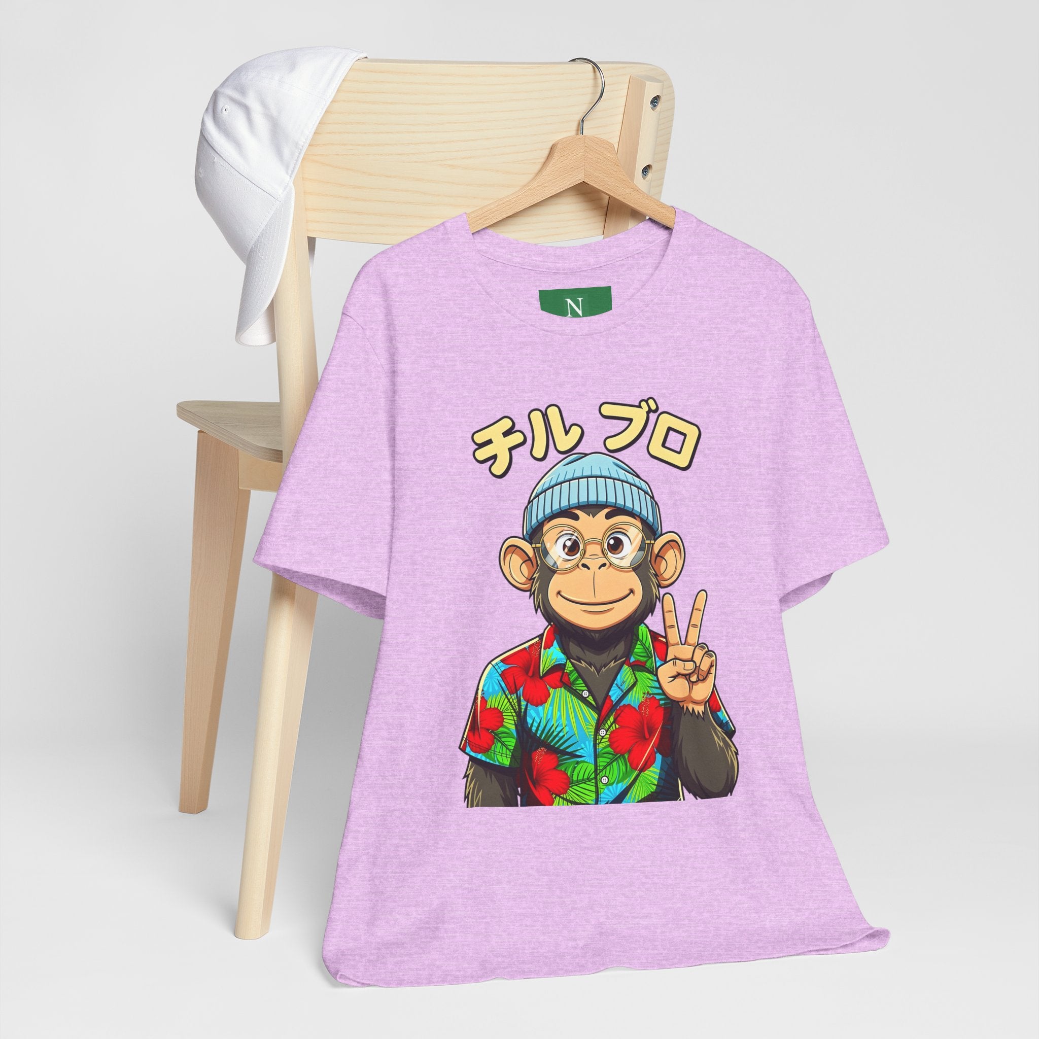 Monkey Peace Sign Tee — Hawaiian Shirt Chimp Graphic with Japanese Text