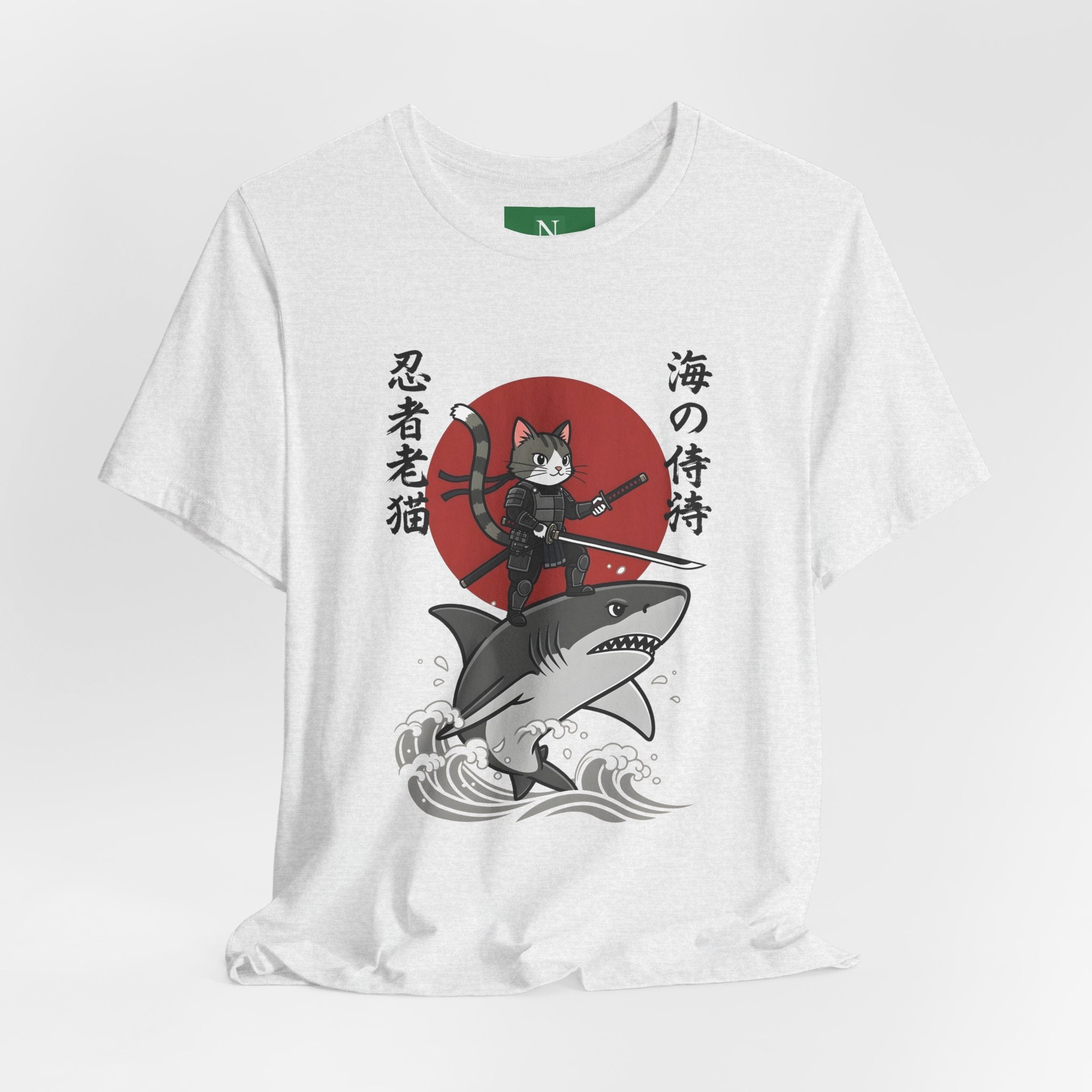 Ninja Cat Riding Shark T‑Shirt — Japanese Samurai Style Graphic Tee