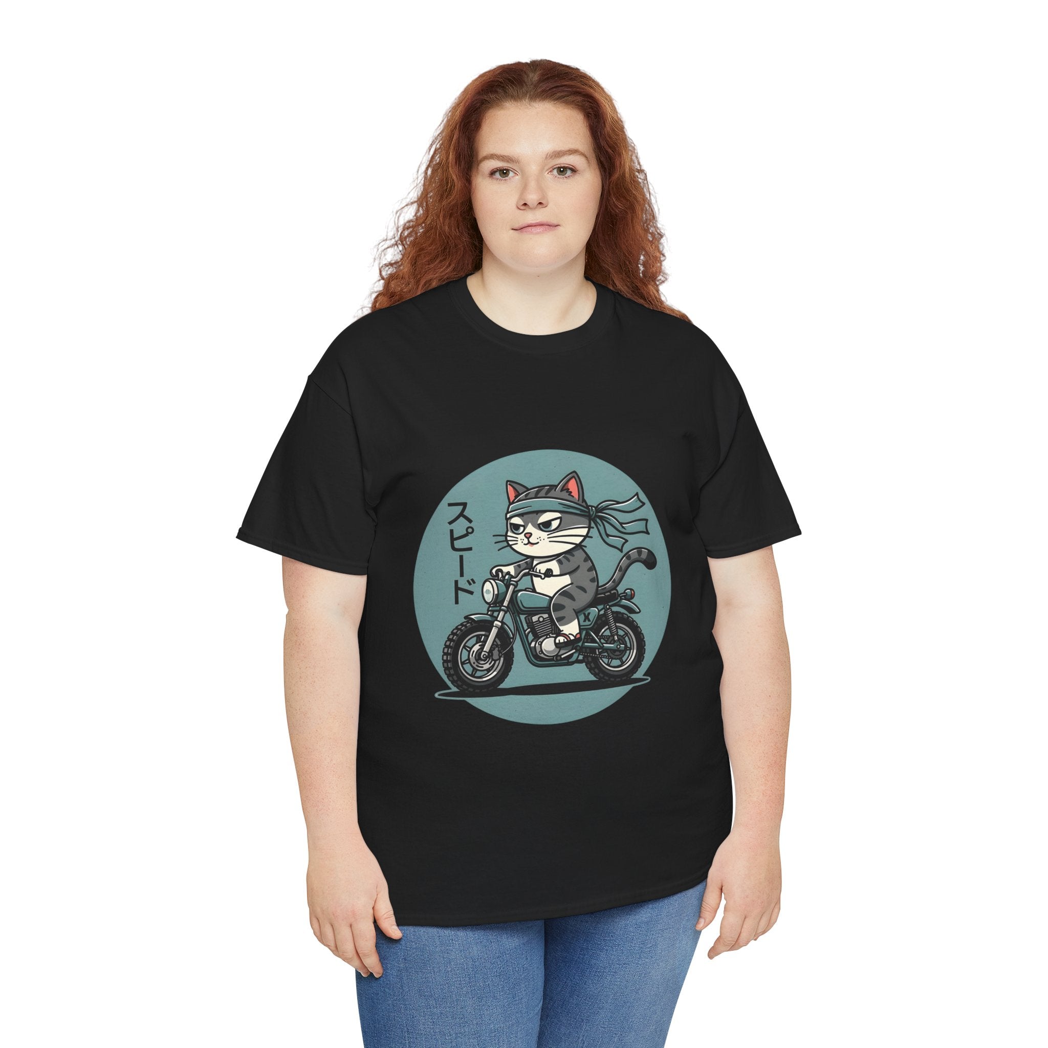Cat Biker T‑Shirt — Retro Motorcycle Cat with Japanese “Speed” Text