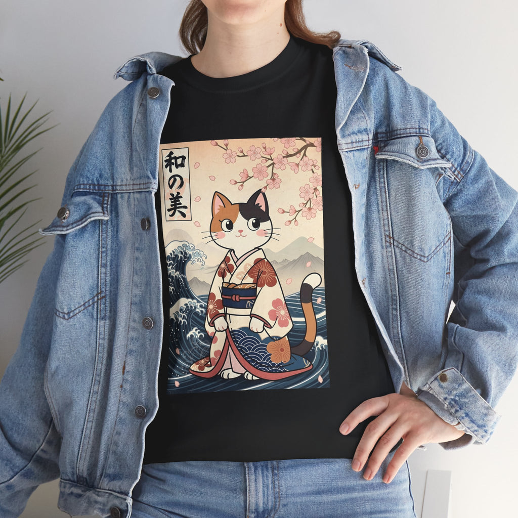 Cat Ukiyo-e T-Shirt — Vintage Japanese Kimono Cat with Cherry Blossoms