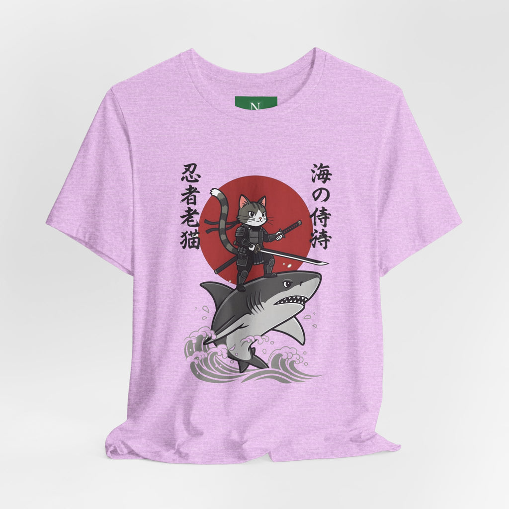 Ninja Cat Riding Shark T‑Shirt — Japanese Samurai Style Graphic Tee