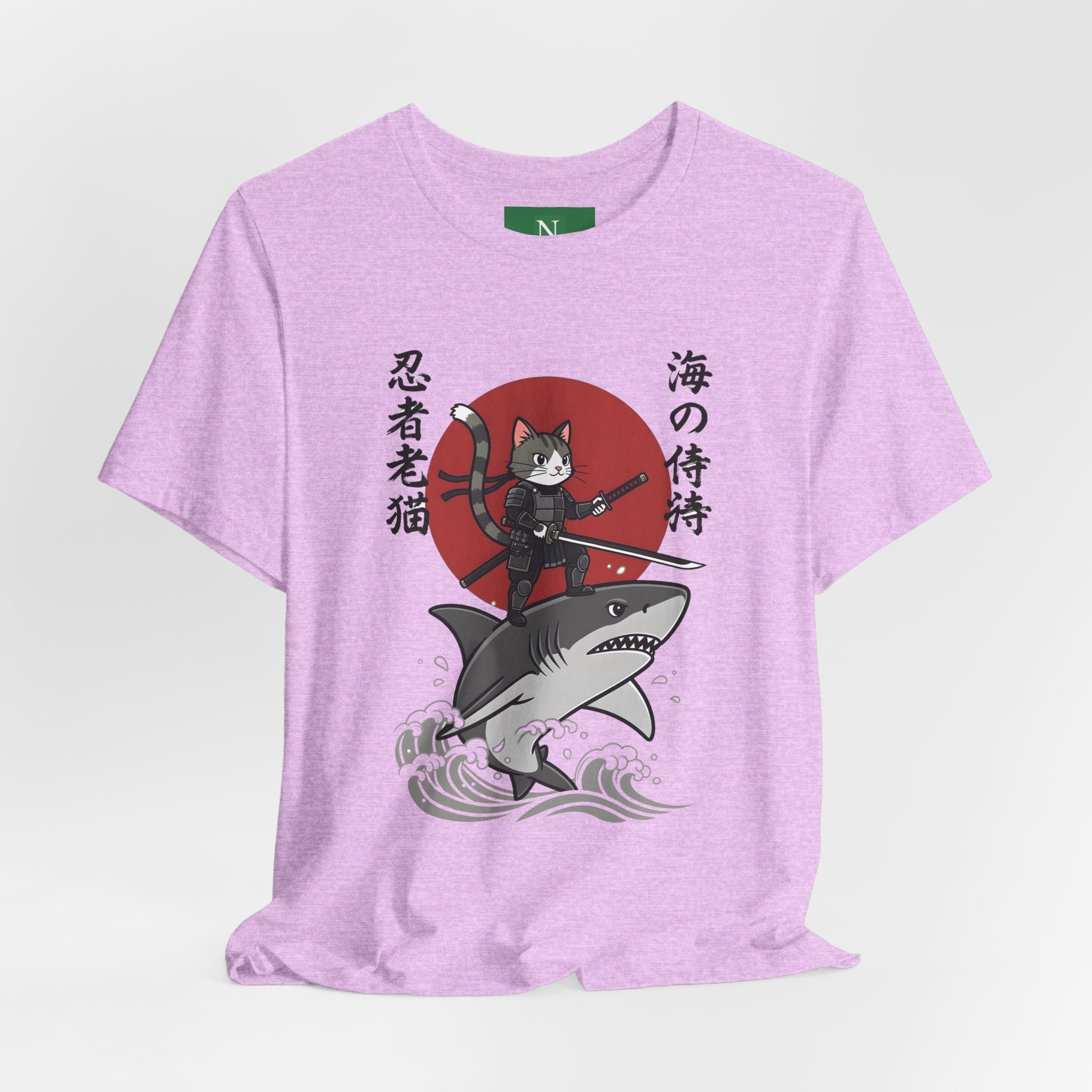 Ninja Cat Riding Shark T‑Shirt — Japanese Samurai Style Graphic Tee