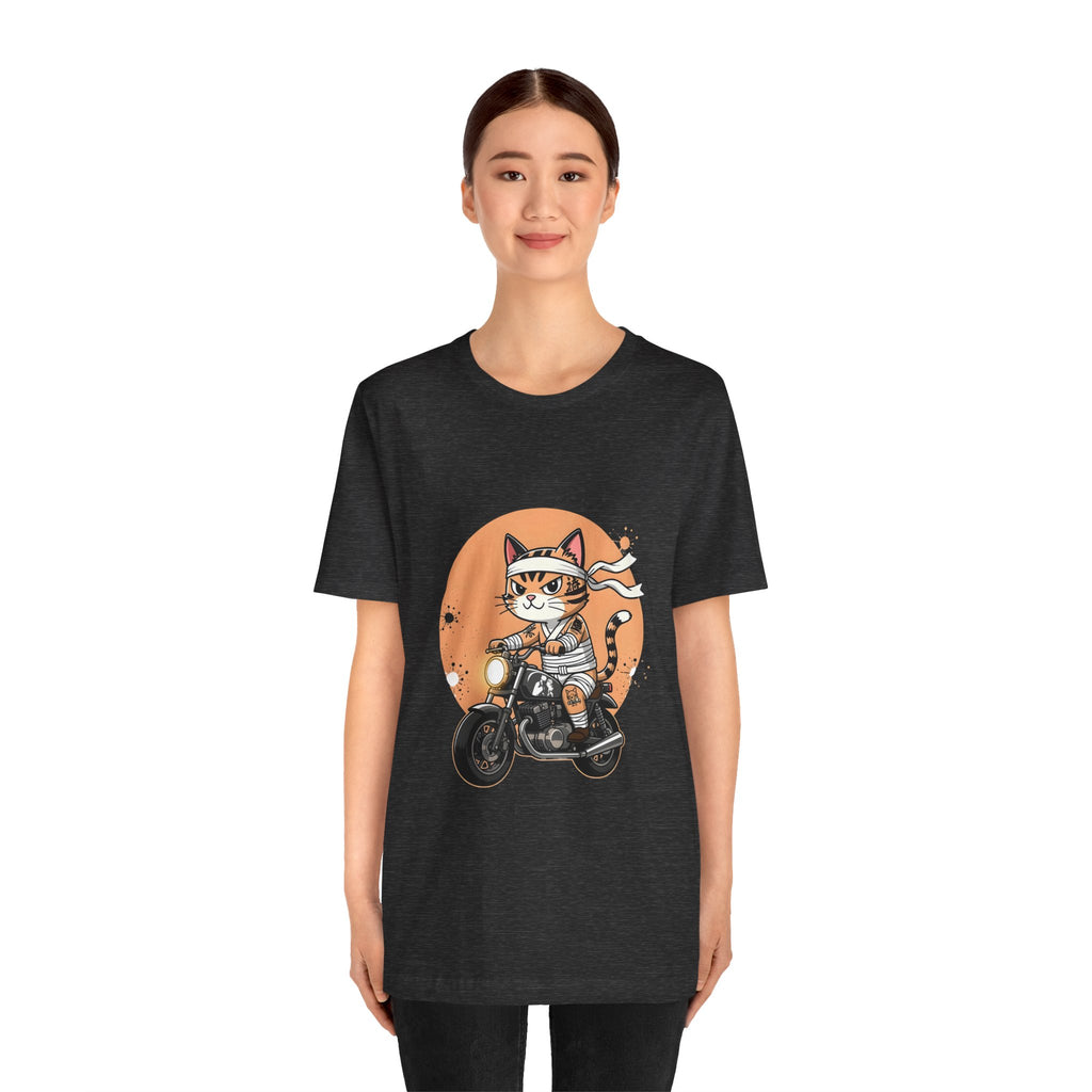Retro Biker Cat T‑Shirt — Cute Motorcycle Cat Graphic Tee