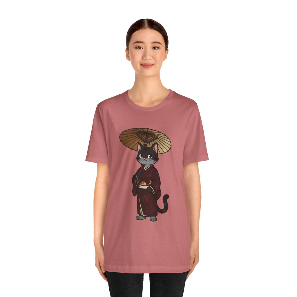 Geisha Cat Tee — Japanese Umbrella Cat Graphic T-Shirt