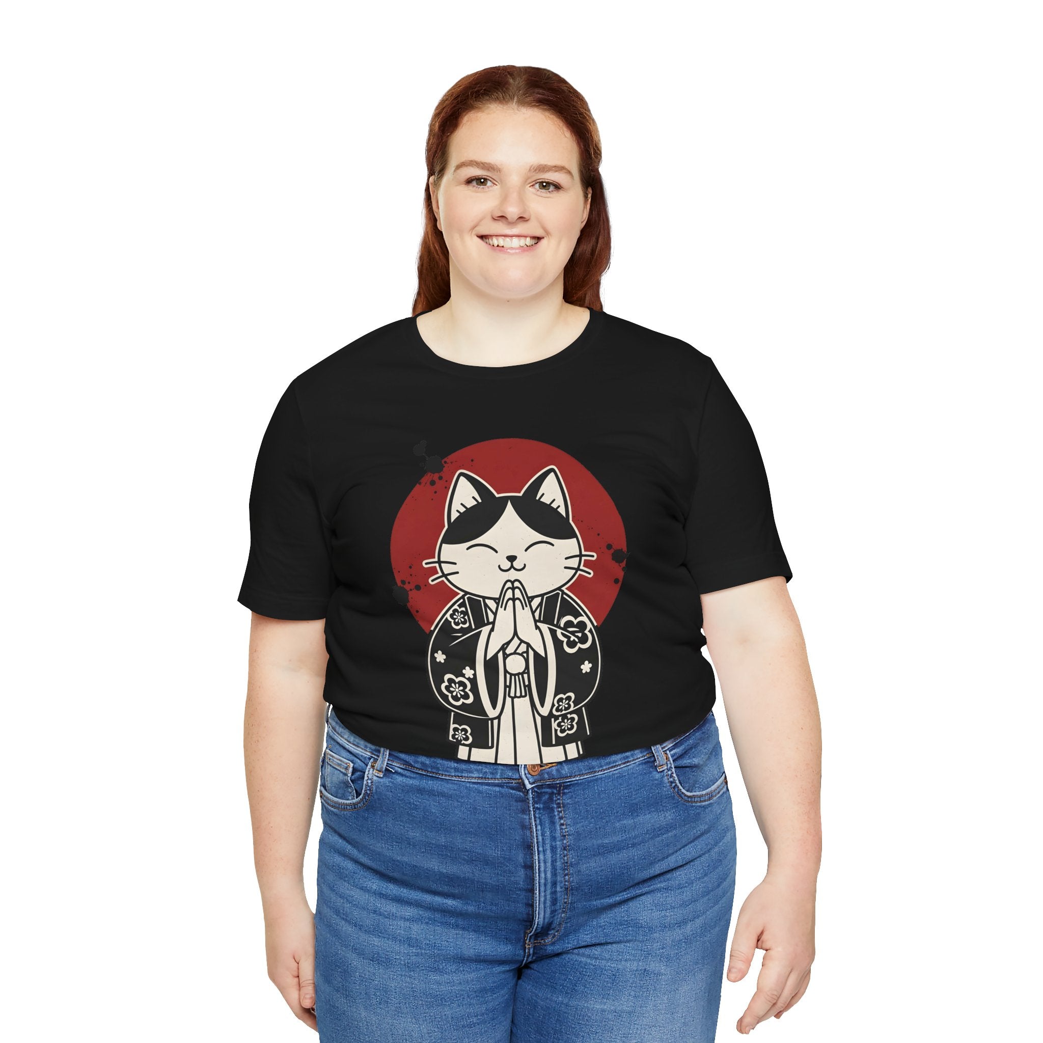 Samurai Cat T‑Shirt — Cute Praying Cat with Red Sun Graphic