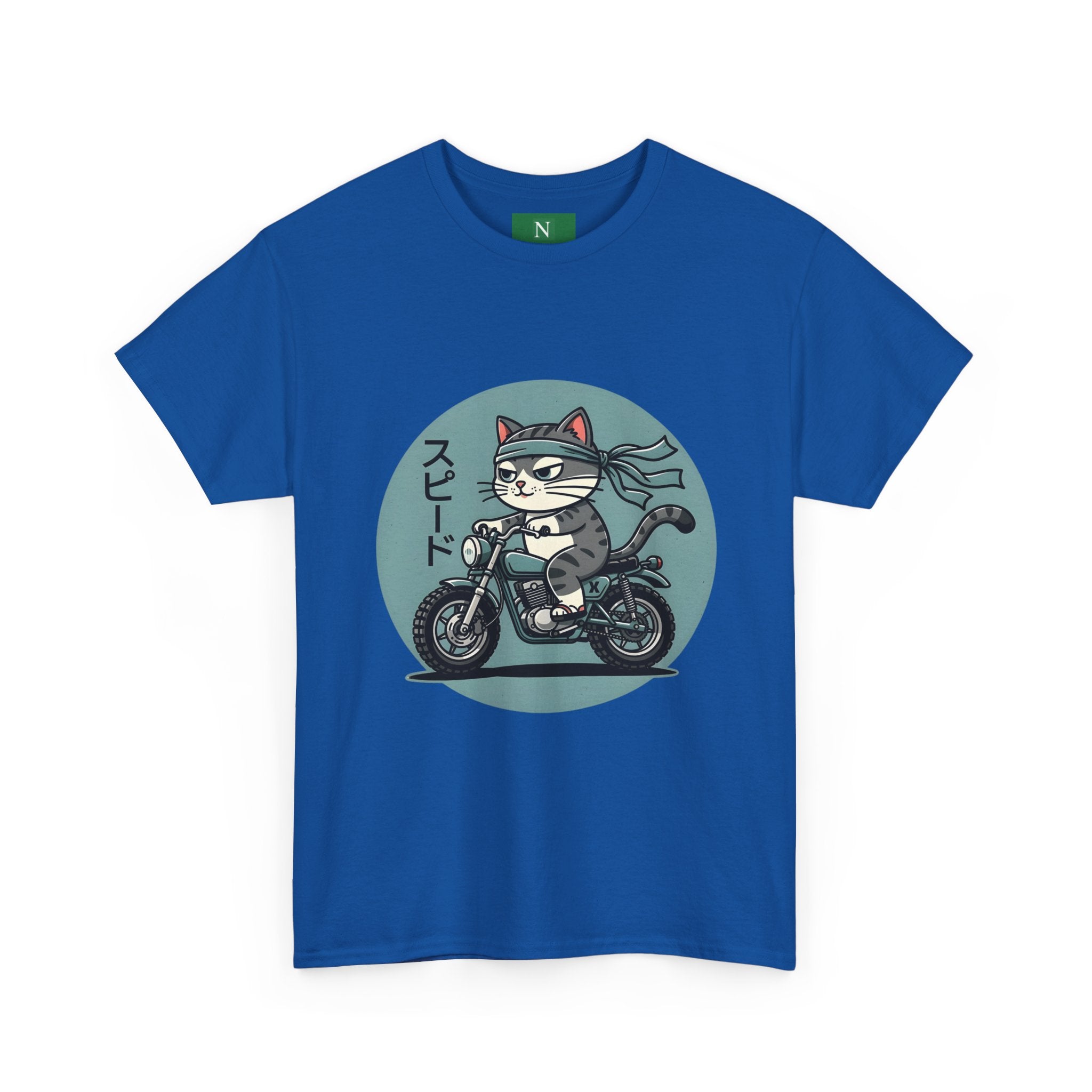 Cat Biker T‑Shirt — Retro Motorcycle Cat with Japanese “Speed” Text