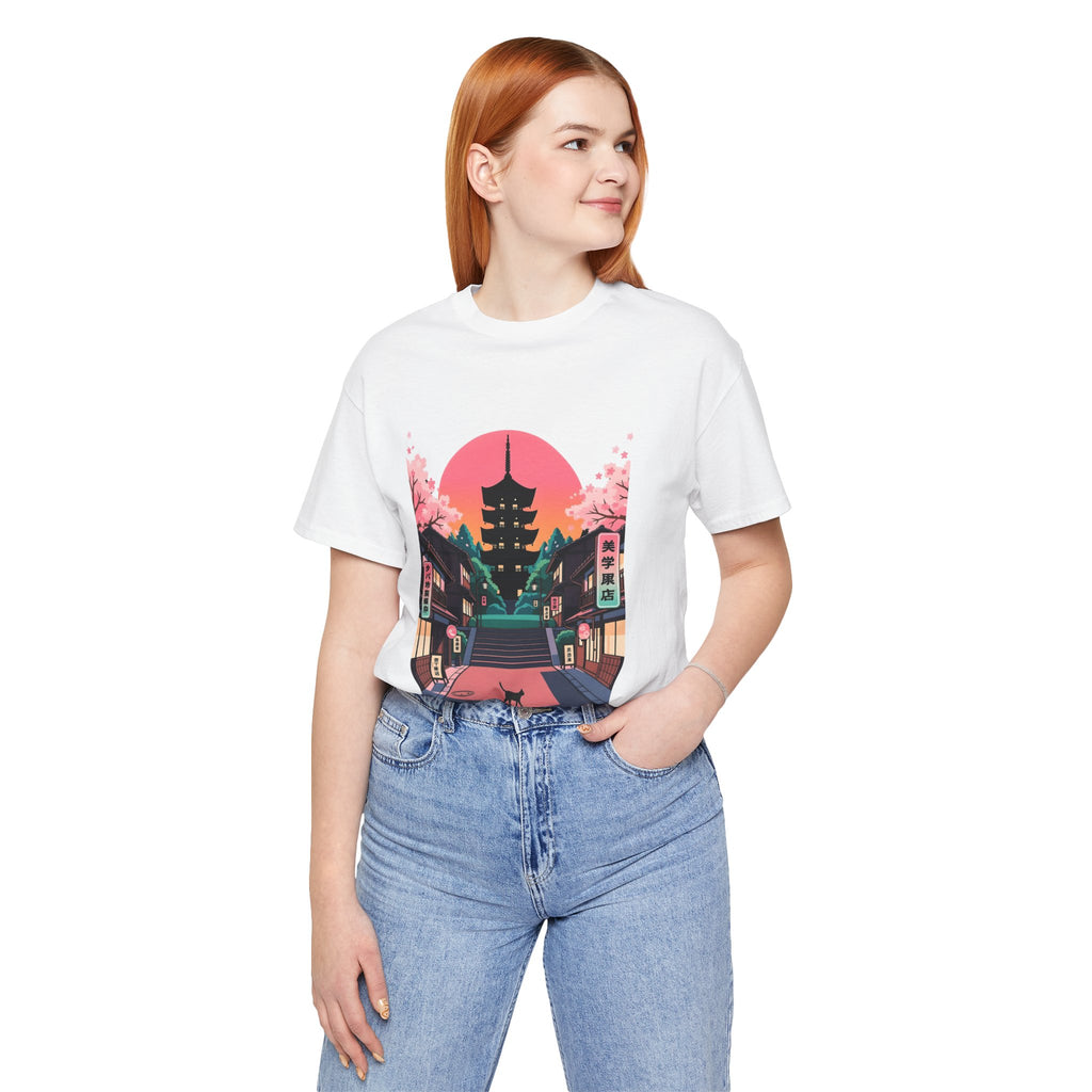 Japanese Pagoda Sunset Tee — Sakura Street Cat Graphic T-Shirt