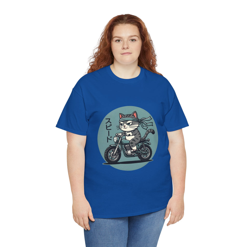 Cat Biker T‑Shirt — Retro Motorcycle Cat with Japanese “Speed” Text