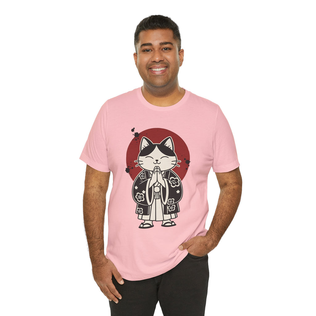 Samurai Cat T‑Shirt — Cute Praying Cat with Red Sun Graphic