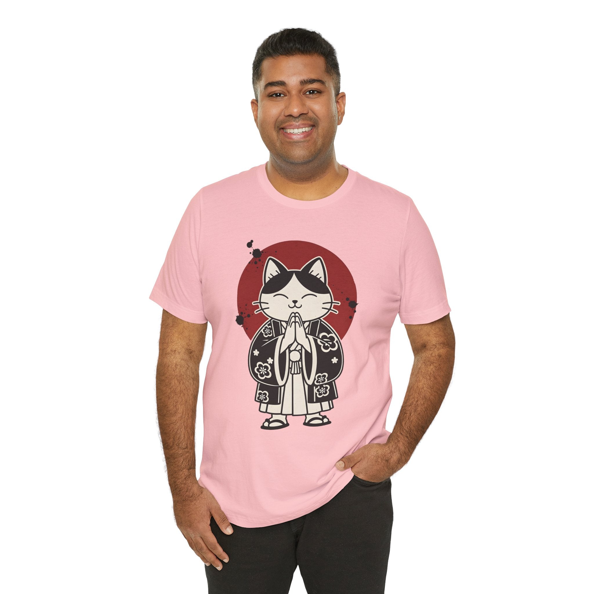 Samurai Cat T‑Shirt — Cute Praying Cat with Red Sun Graphic