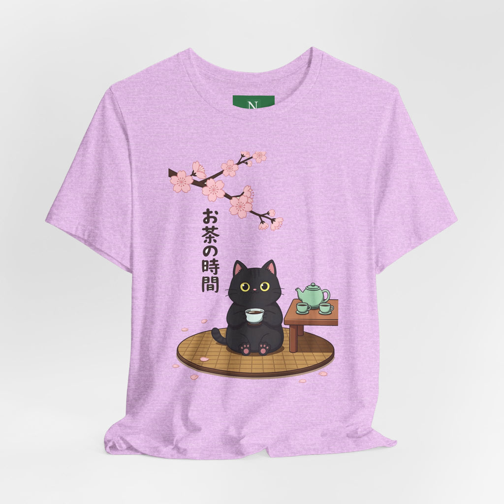 Cat Tea Time T-Shirt — Kawaii Black Cat with Sakura and Teapot