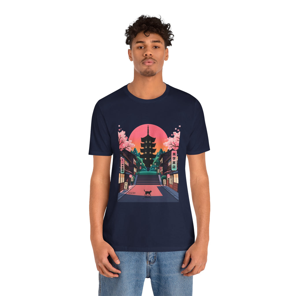 Japanese Pagoda Sunset Tee — Sakura Street Cat Graphic T-Shirt