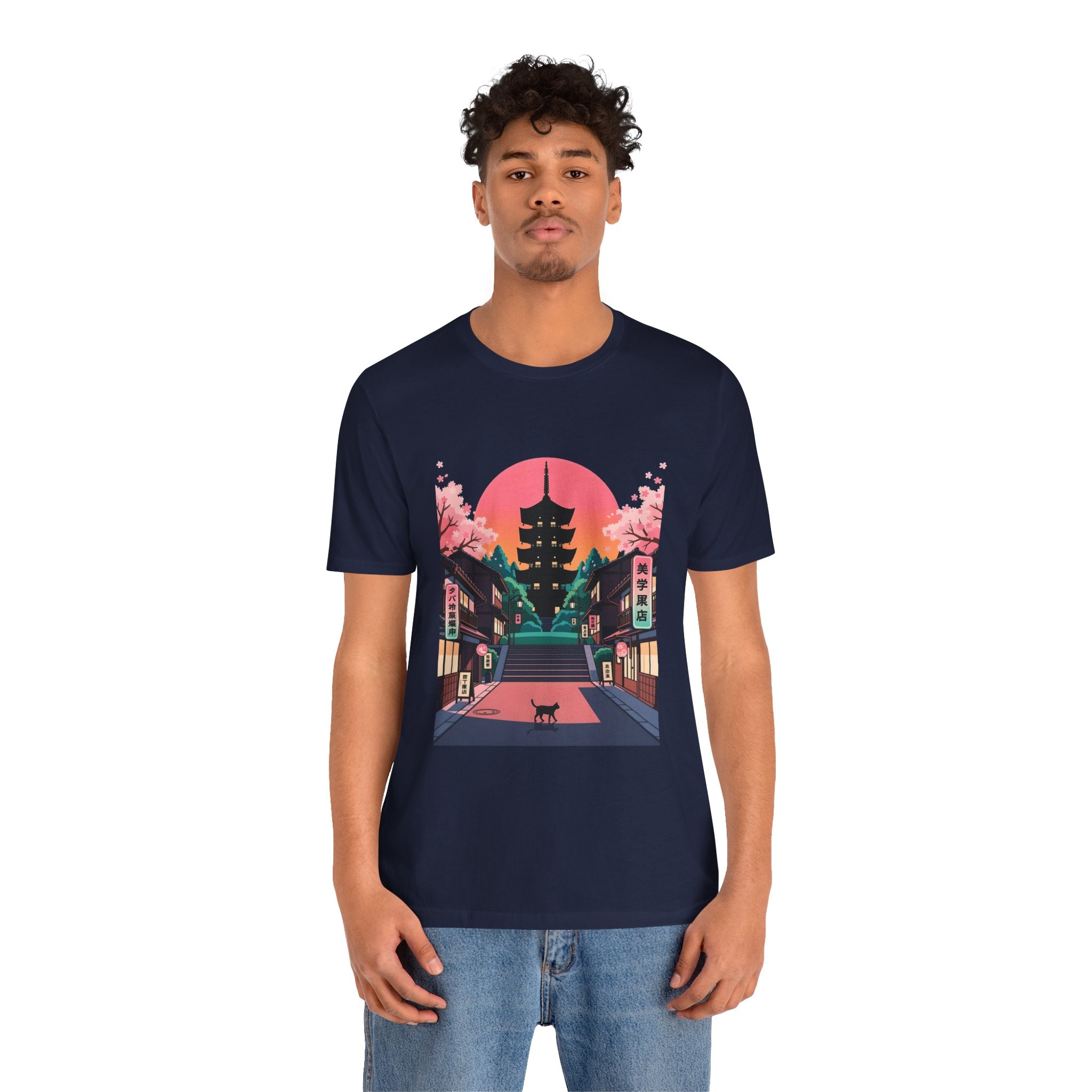 Japanese Pagoda Sunset Tee — Sakura Street Cat Graphic T-Shirt