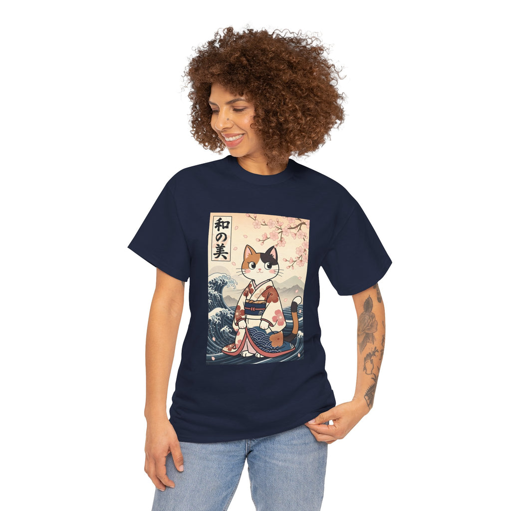 Cat Ukiyo-e T-Shirt — Vintage Japanese Kimono Cat with Cherry Blossoms