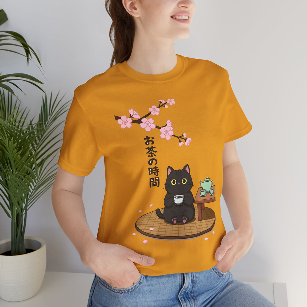 Cat Tea Time T-Shirt — Kawaii Black Cat with Sakura and Teapot