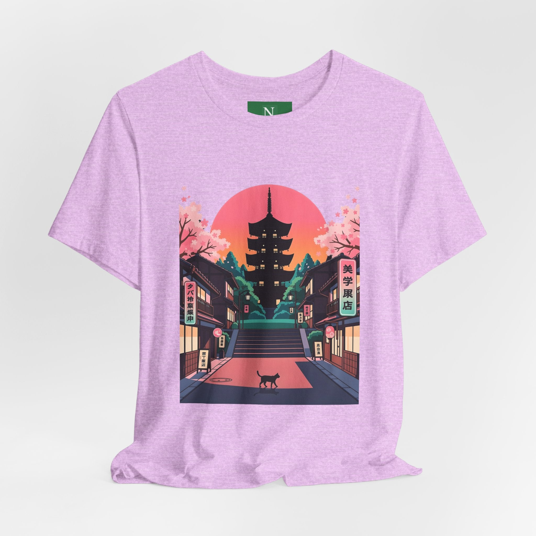 Japanese Pagoda Sunset Tee — Sakura Street Cat Graphic T-Shirt