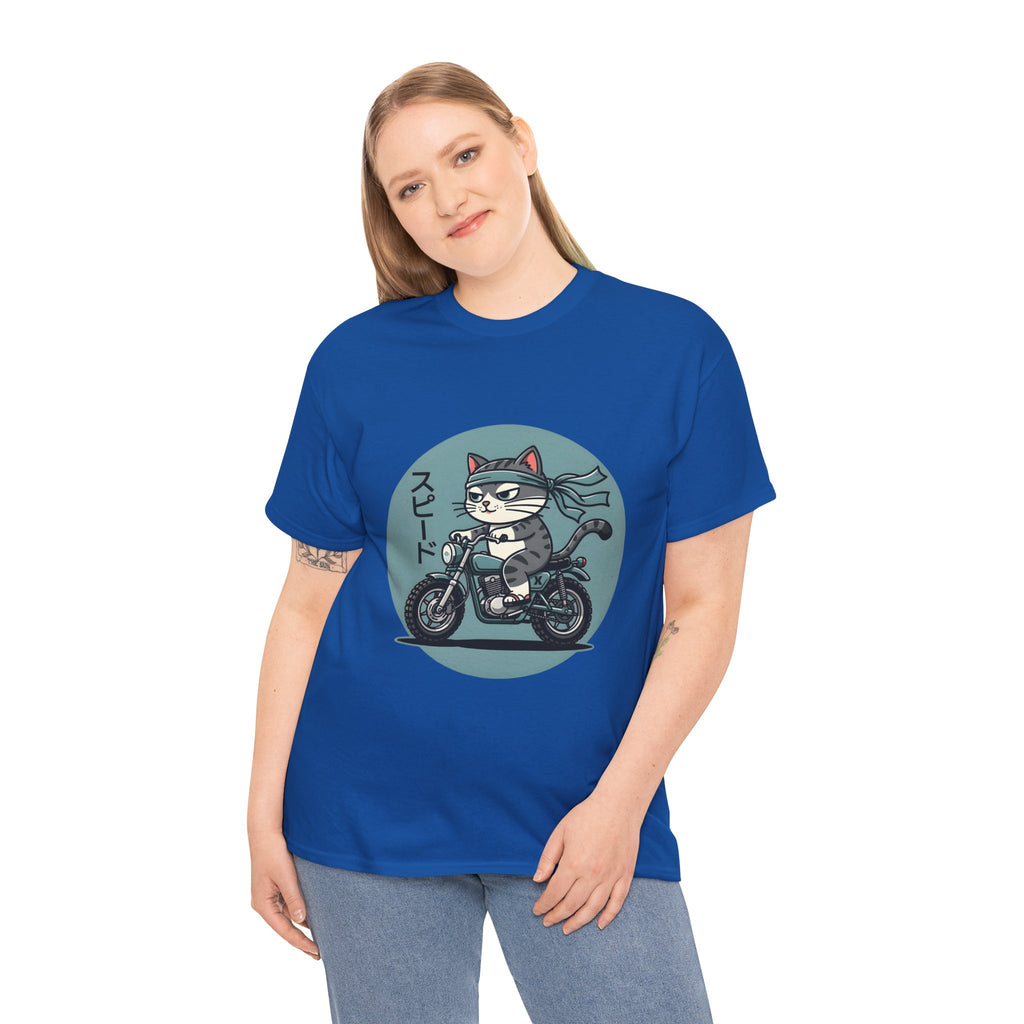 Cat Biker T‑Shirt — Retro Motorcycle Cat with Japanese “Speed” Text