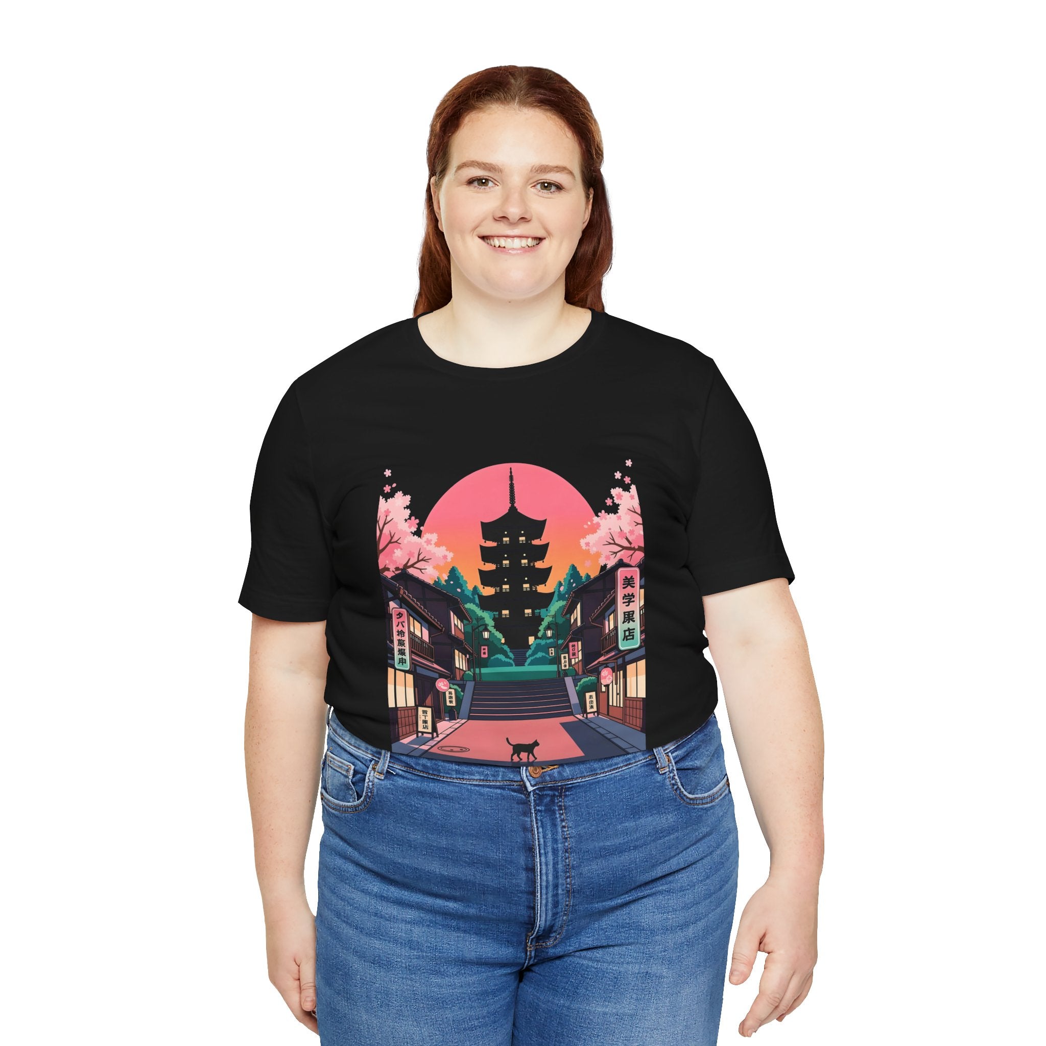 Japanese Pagoda Sunset Tee — Sakura Street Cat Graphic T-Shirt