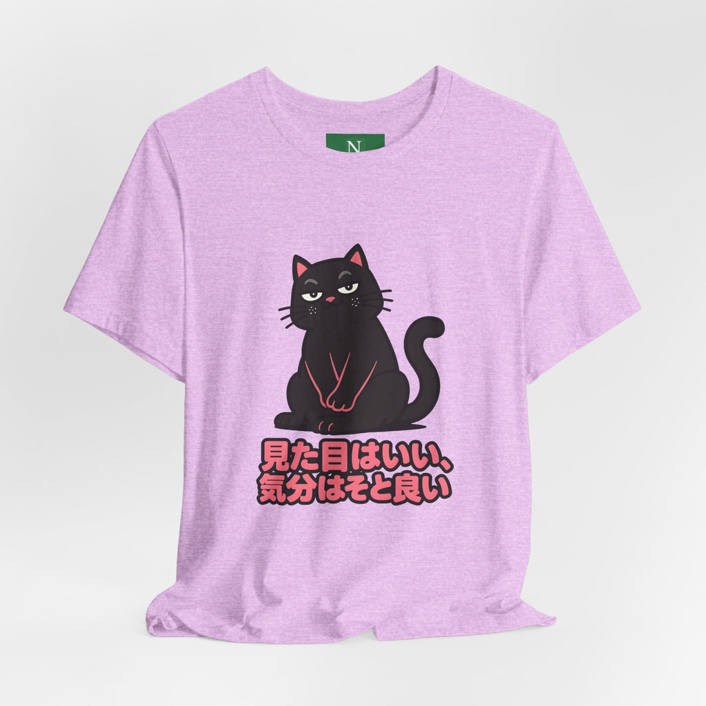 Black Cat Tee with Japanese Text — 'Mita Me wa Ii, Kimochi wa Sore Ijo' Cute Kawaii Graphic T-Shirt