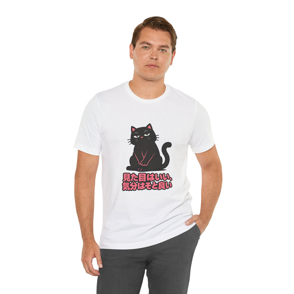 Black Cat Tee with Japanese Text — 'Mita Me wa Ii, Kimochi wa Sore Ijo' Cute Kawaii Graphic T-Shirt
