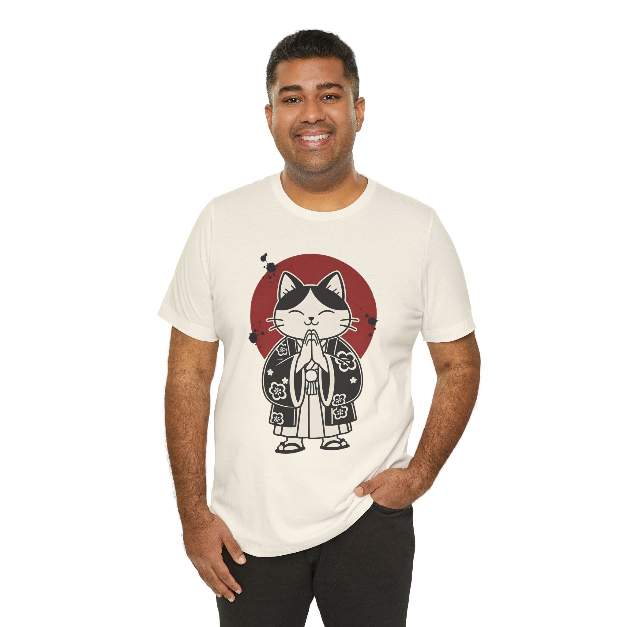 Samurai Cat T‑Shirt — Cute Praying Cat with Red Sun Graphic