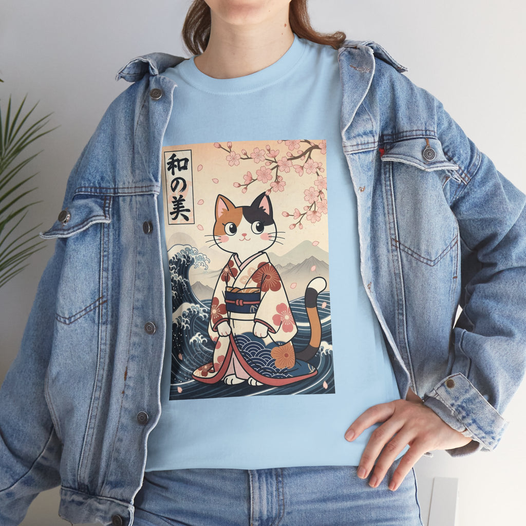 Cat Ukiyo-e T-Shirt — Vintage Japanese Kimono Cat with Cherry Blossoms