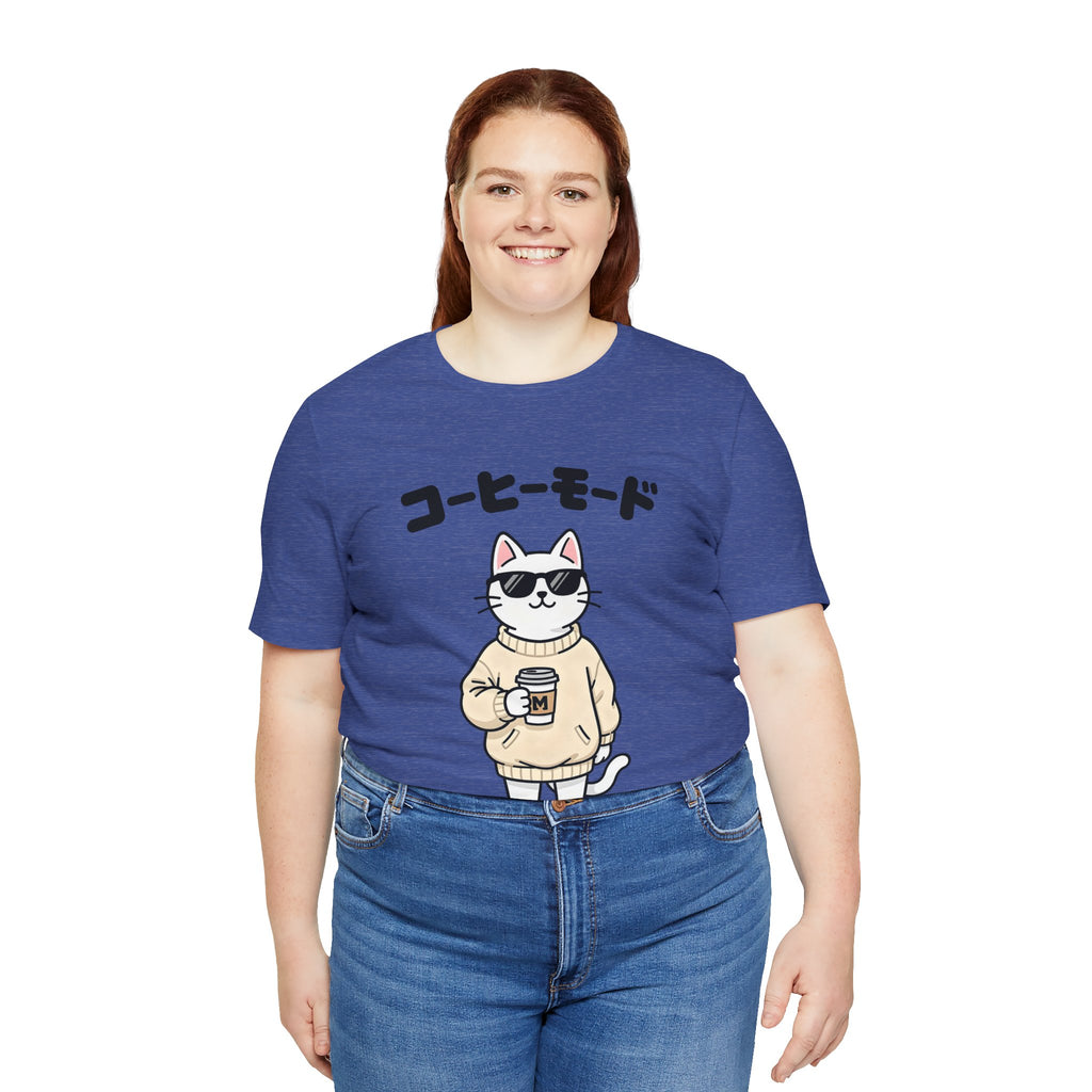 Coffee Mode Cat Tee — Cute Japanese Cat Holding Coffee T-Shirt