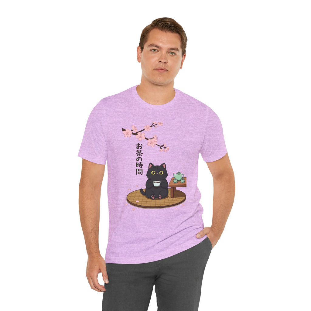 Cat Tea Time T-Shirt — Kawaii Black Cat with Sakura and Teapot