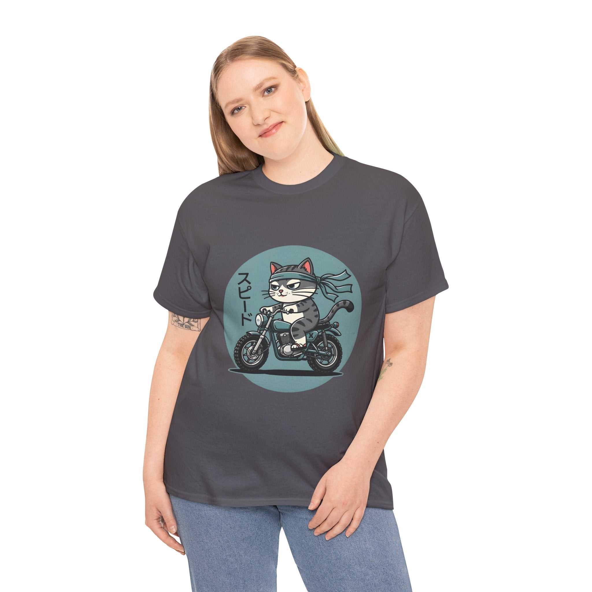 Cat Biker T‑Shirt — Retro Motorcycle Cat with Japanese “Speed” Text