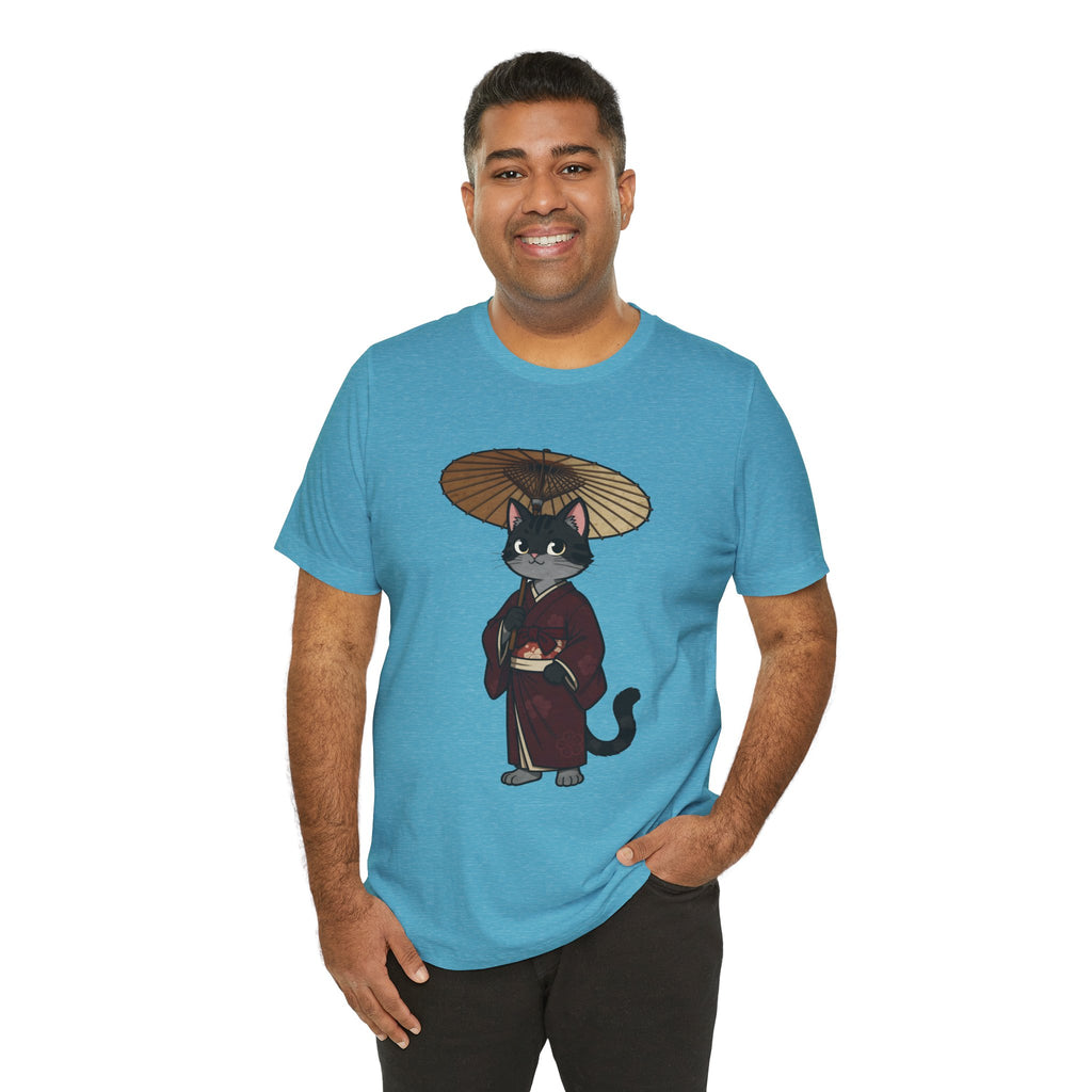 Geisha Cat Tee — Japanese Umbrella Cat Graphic T-Shirt