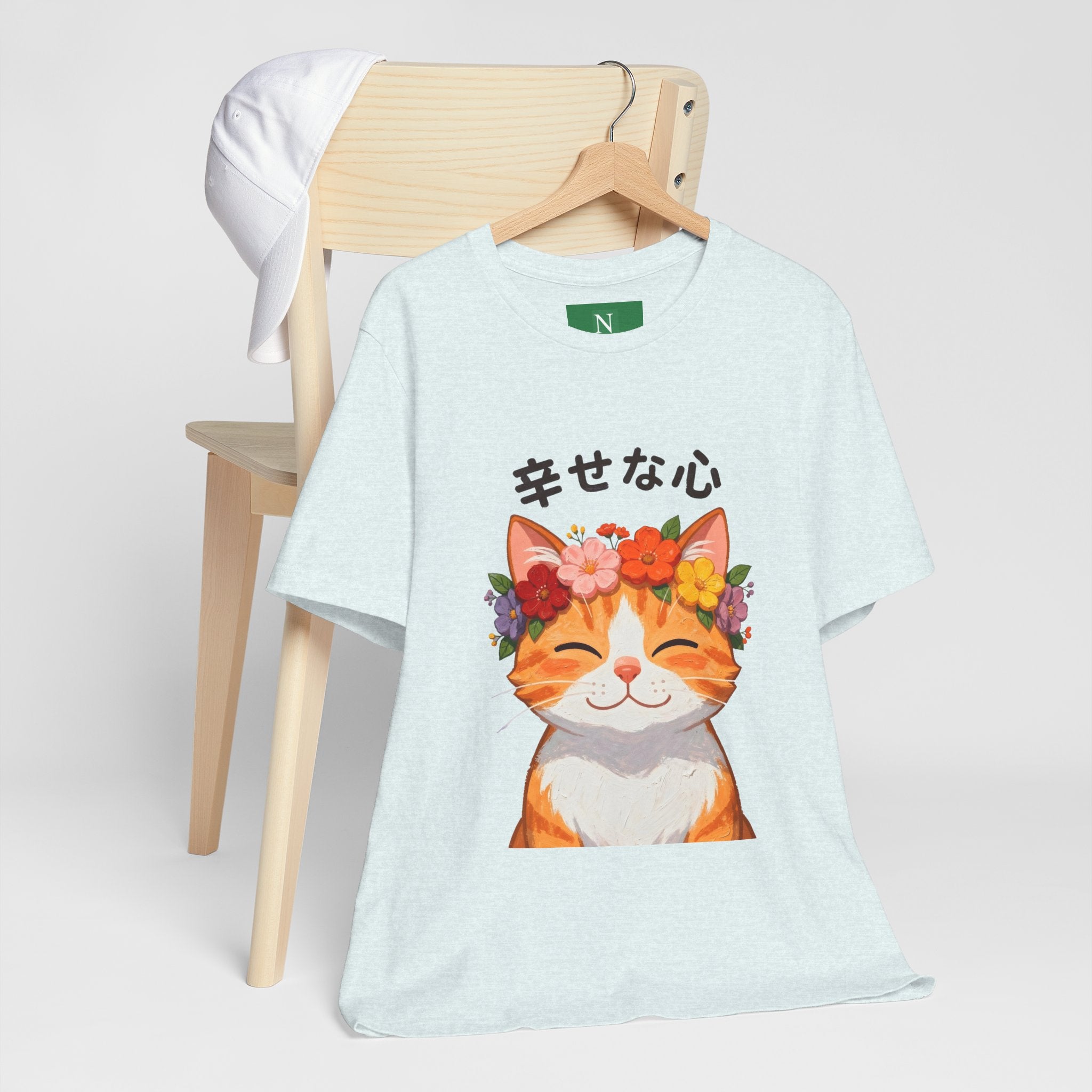 Happy Cat T-Shirt — Smiling Ginger Cat with Flower Crown (Japanese “幸せな心”)
