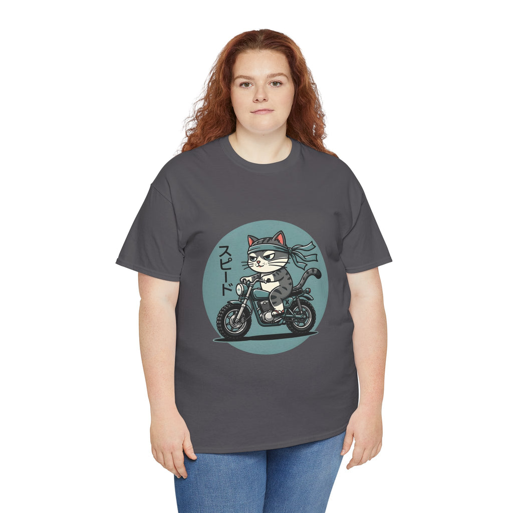 Cat Biker T‑Shirt — Retro Motorcycle Cat with Japanese “Speed” Text