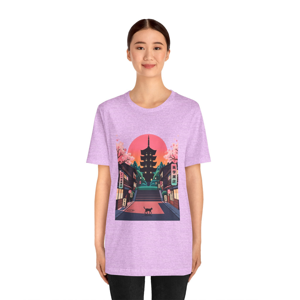 Japanese Pagoda Sunset Tee — Sakura Street Cat Graphic T-Shirt