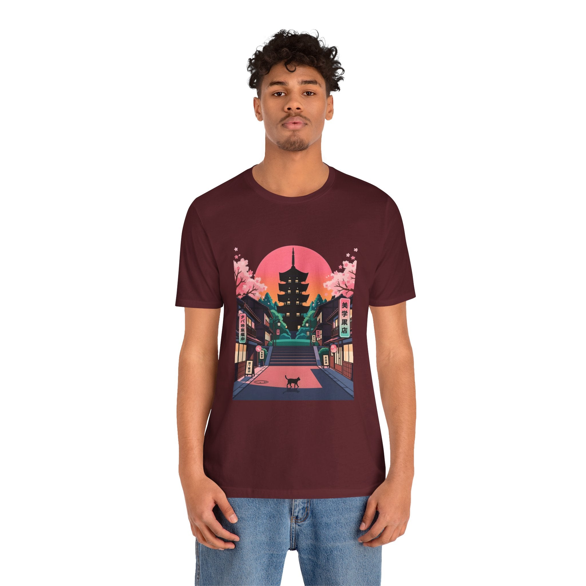 Japanese Pagoda Sunset Tee — Sakura Street Cat Graphic T-Shirt