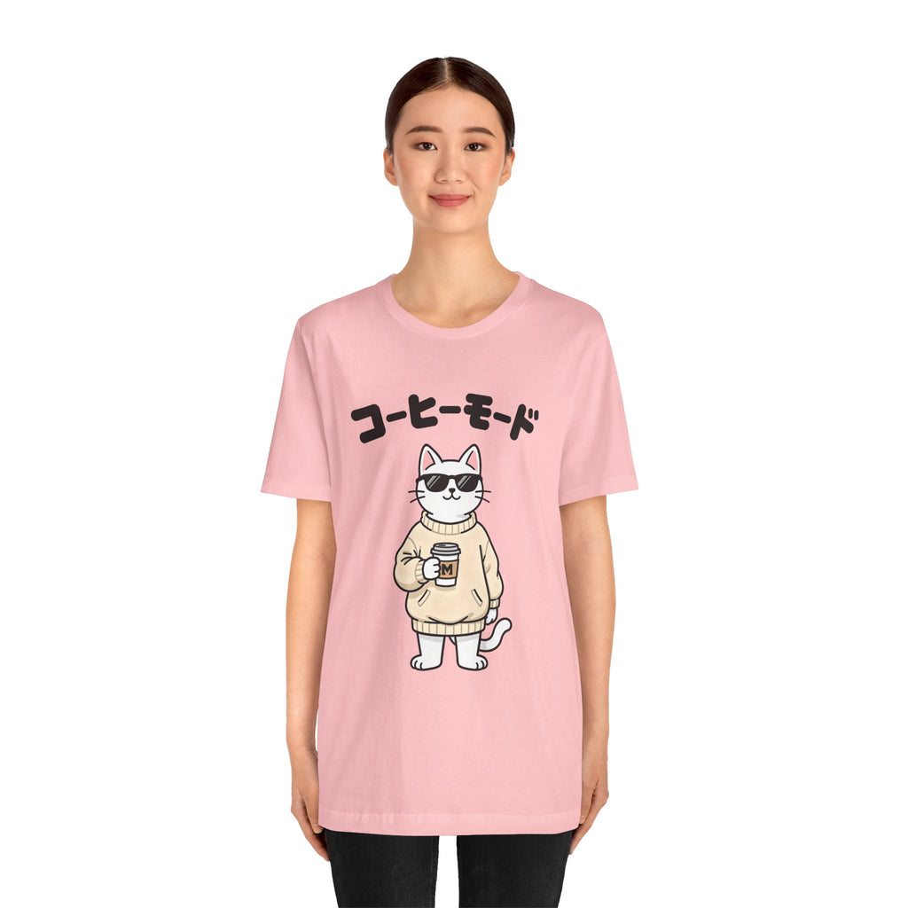 Coffee Mode Cat Tee — Cute Japanese Cat Holding Coffee T-Shirt