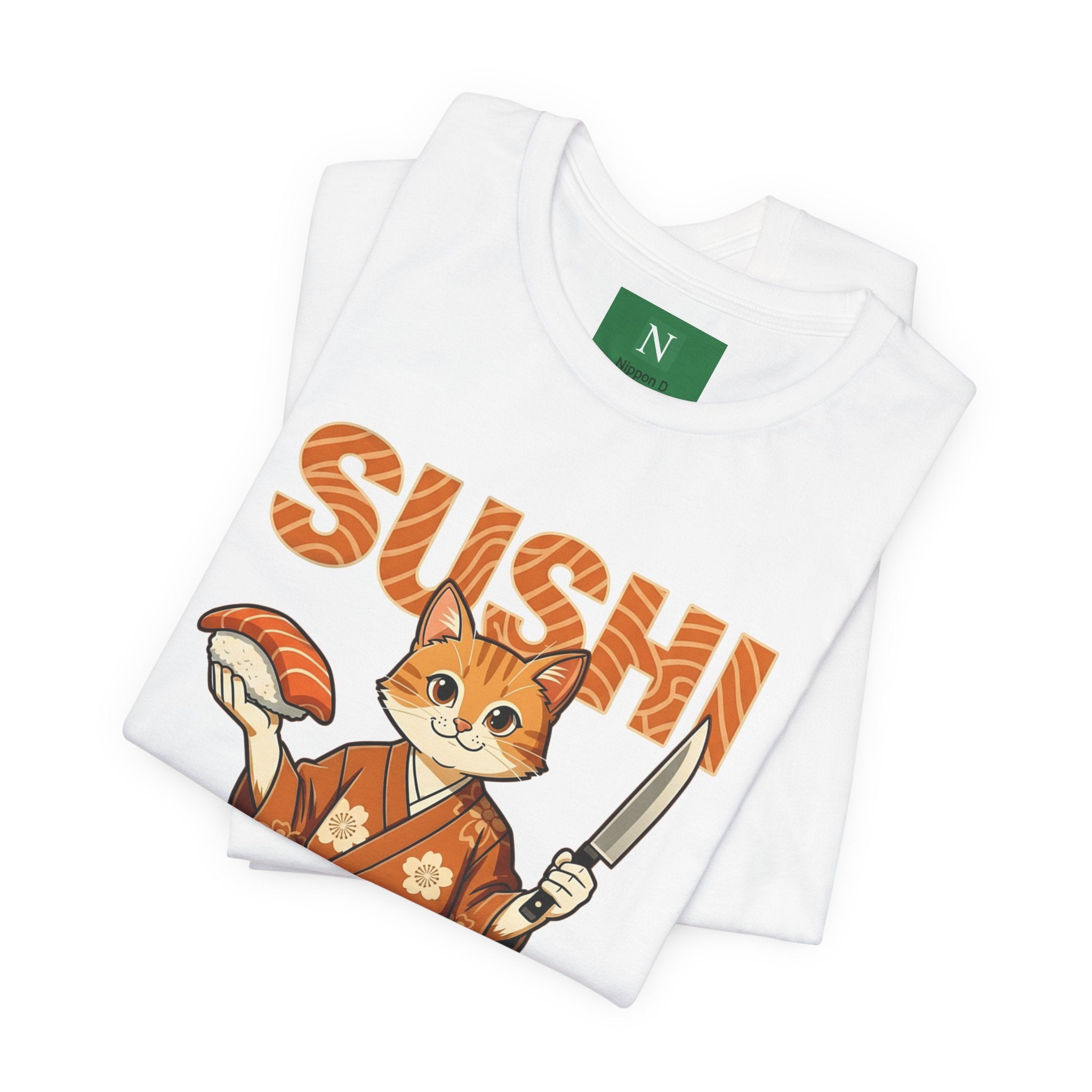 Sushi Cat Graphic Tee — Cute Samurai Cat Holding Sushi & Knife