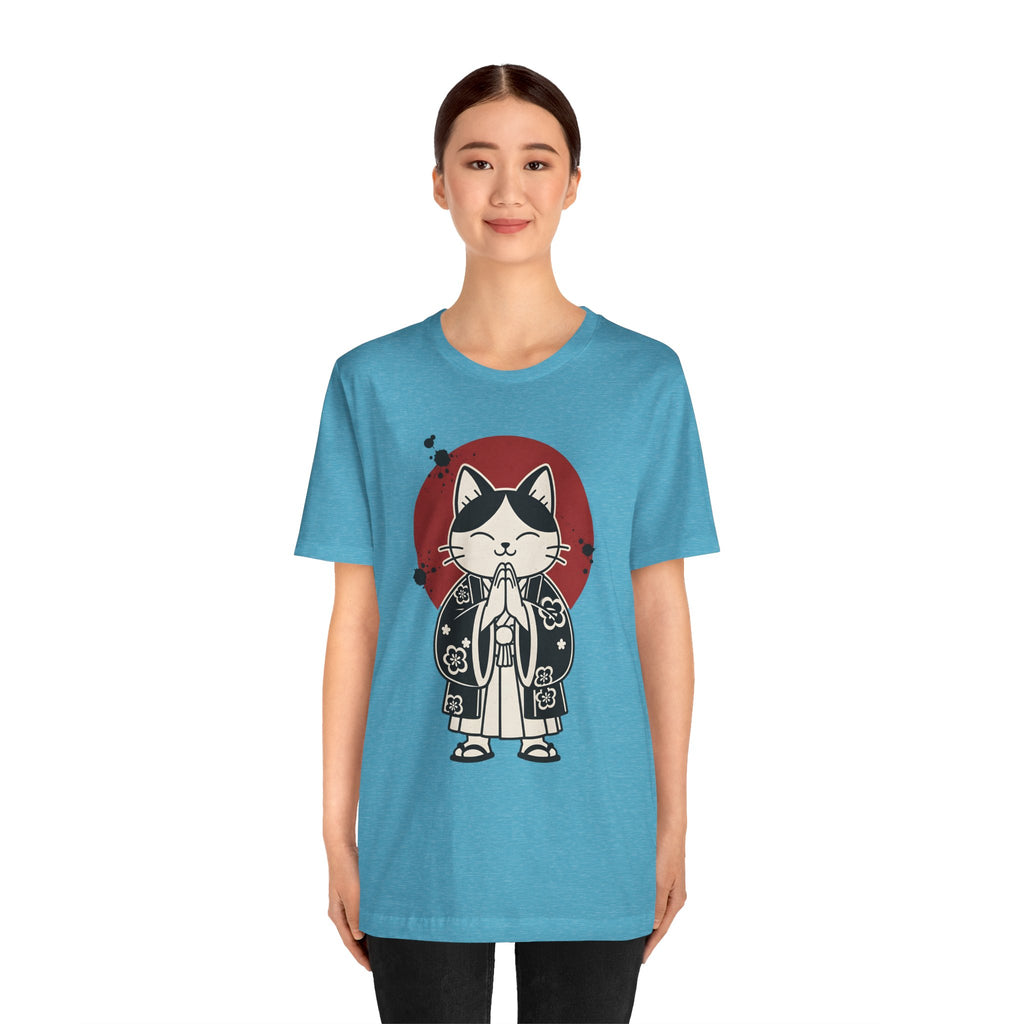 Samurai Cat T‑Shirt — Cute Praying Cat with Red Sun Graphic