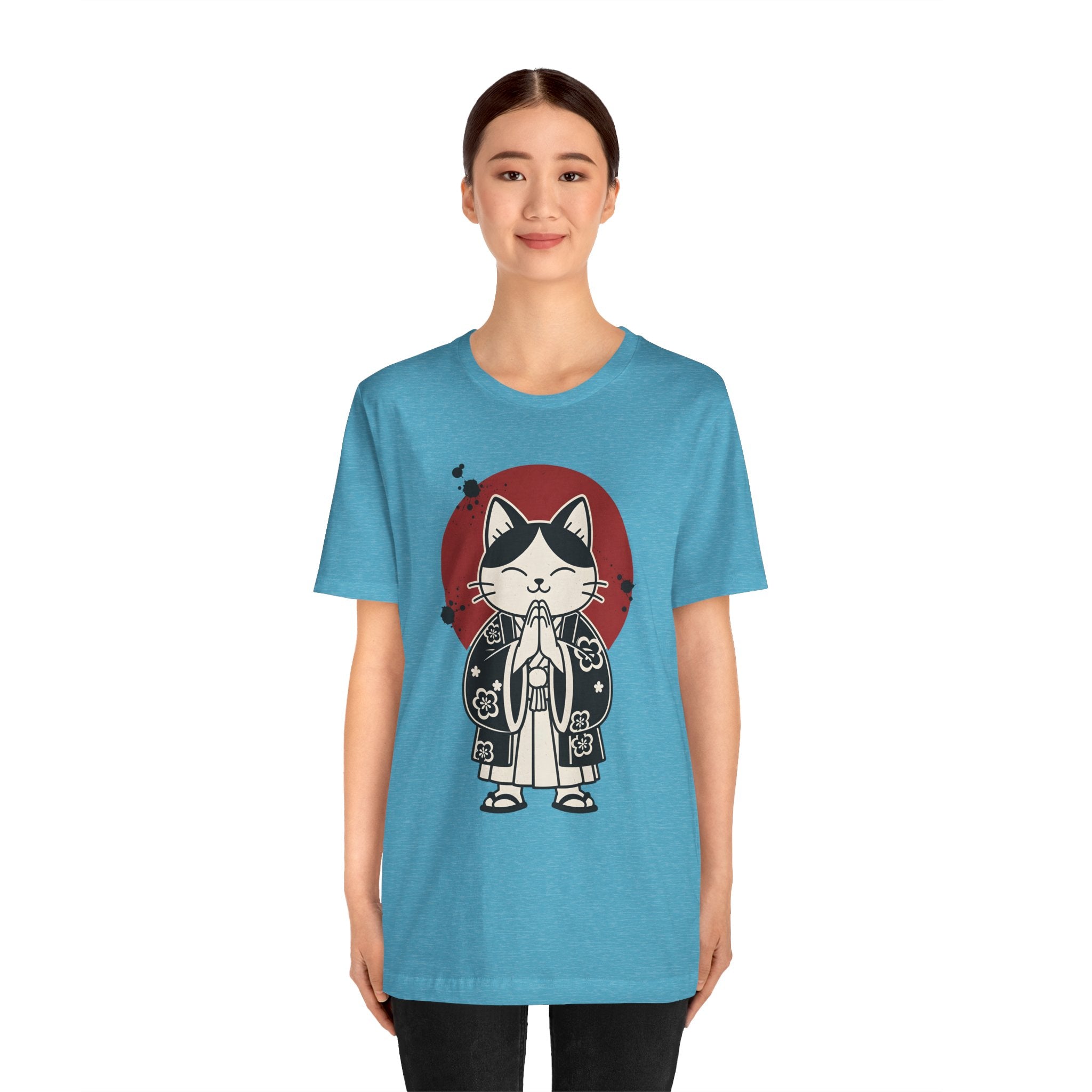 Samurai Cat T‑Shirt — Cute Praying Cat with Red Sun Graphic