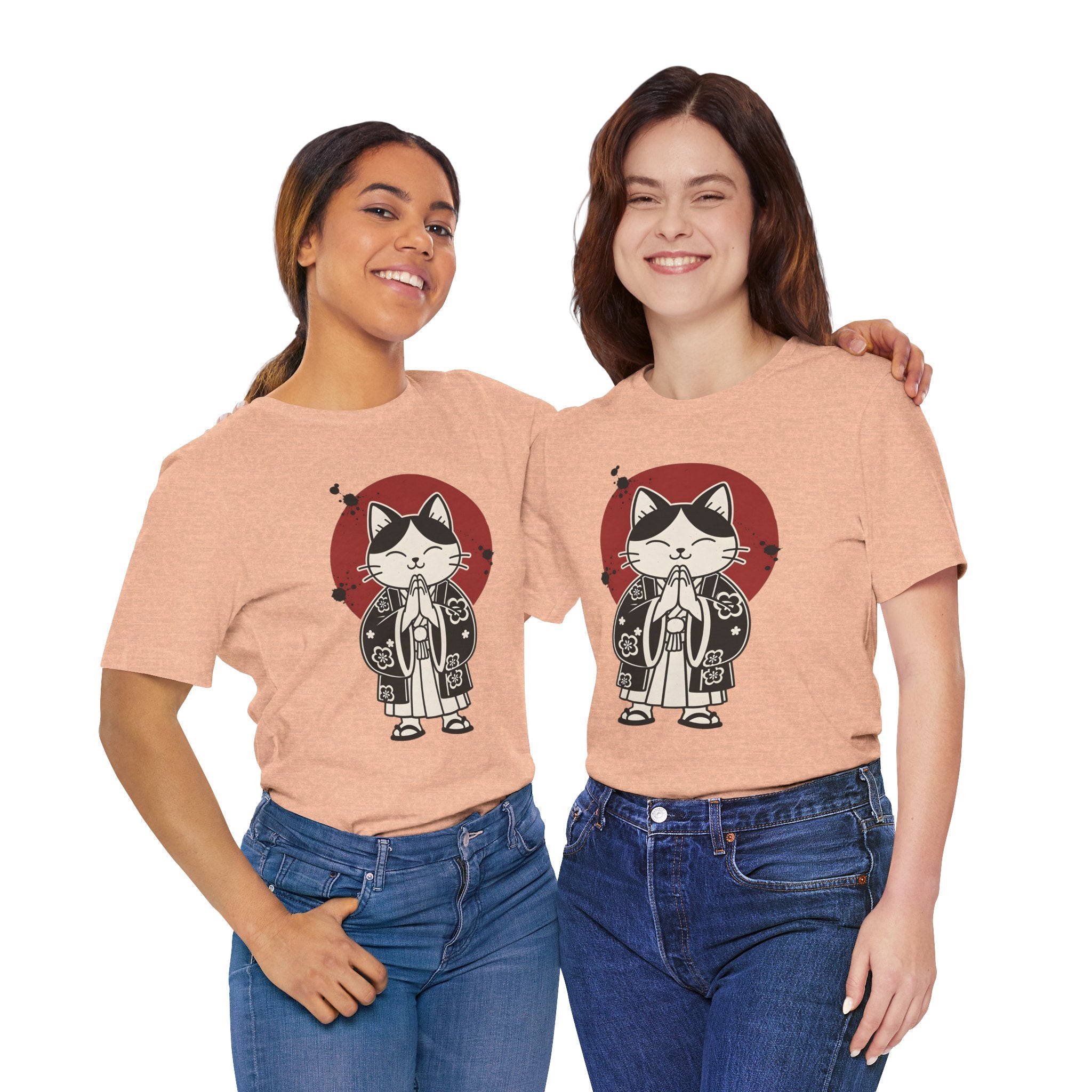 Samurai Cat T‑Shirt — Cute Praying Cat with Red Sun Graphic